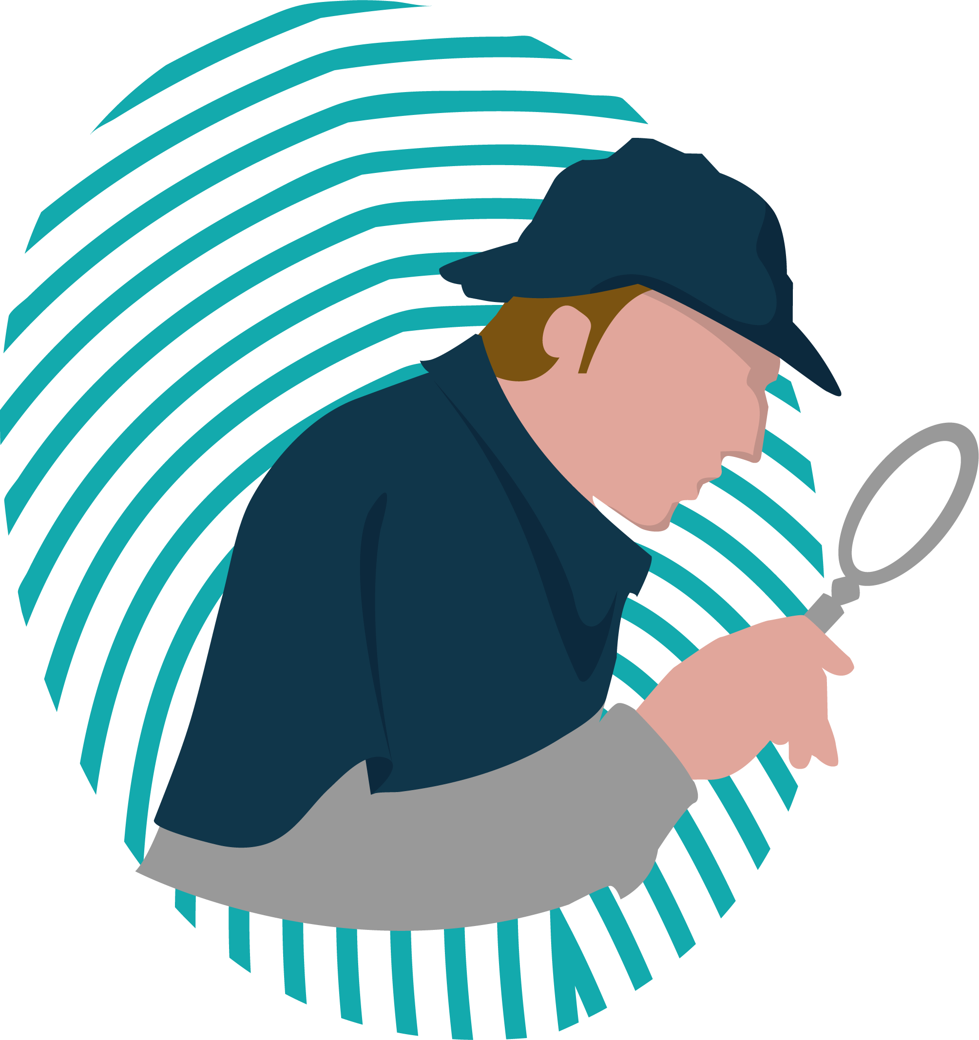 Detective with a blue fingerprint behind him looking at the check tool